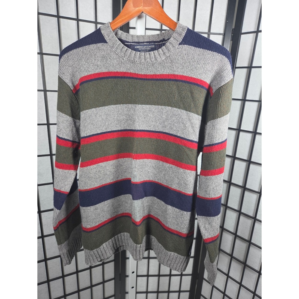 Vintage American Eagle Striped Crewneck Sweater Mens Medium Grey Green Y2K